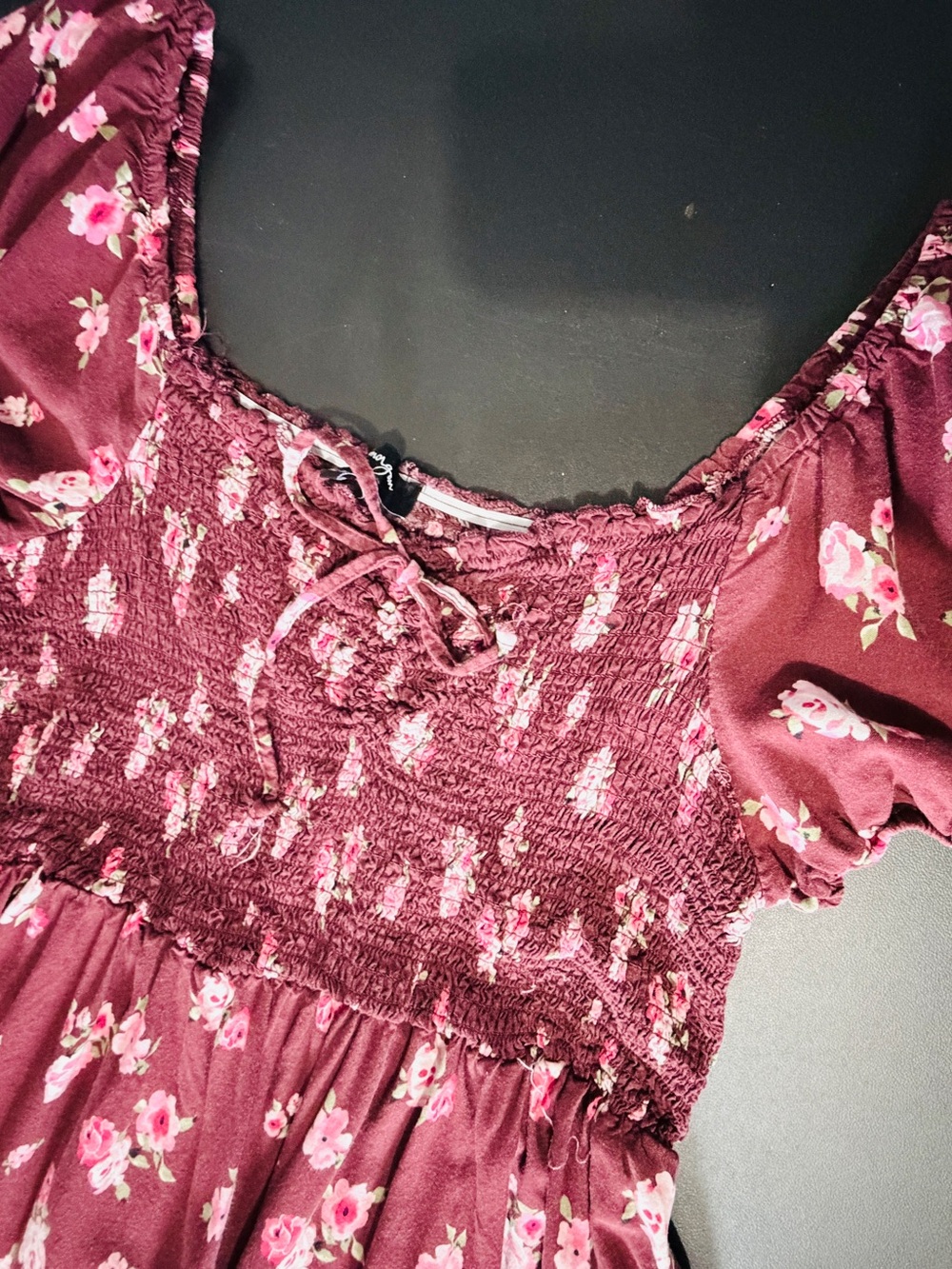 Lily Morgan XL Burgundy Flower Smocked Puff Sleeve Mini Dress Tunic Top - Picture 3 of 10